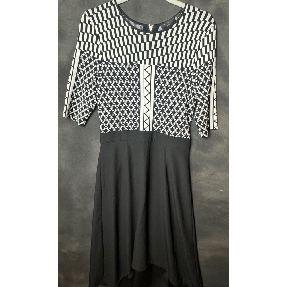 Ted Baker Dress Size 3 US 8 Black White Geometric Mixed Print High Low Fit Flare